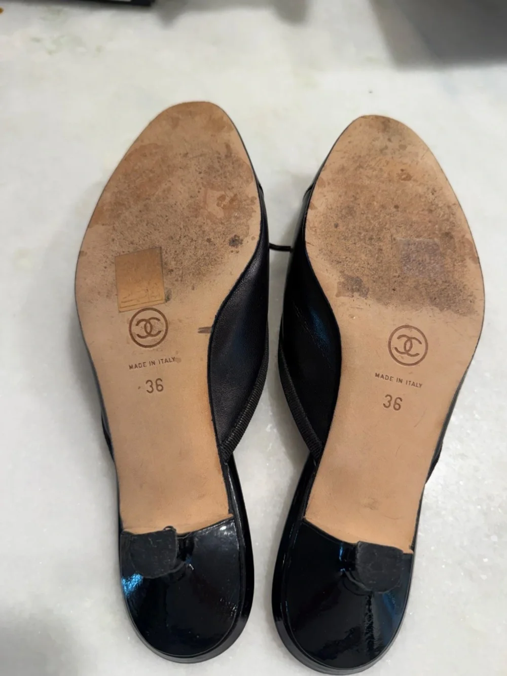 Vintage Chanel Black Leather & Patent Cap Toe CC Bow Kitten Heel Mules